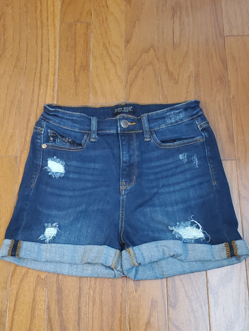 Judy Blue Women's Distressed Dark Wash Cuffed Denim Jean Shorts Size Medium